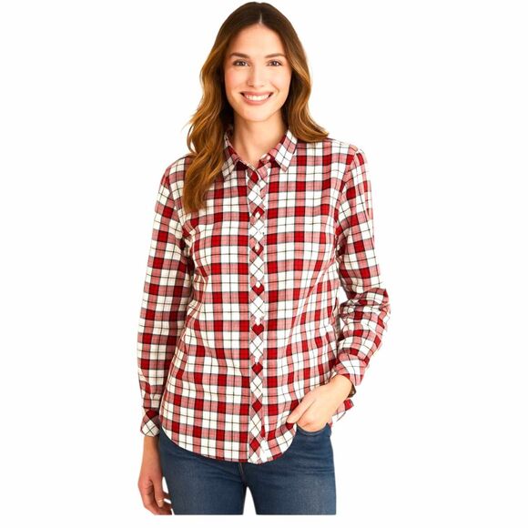 Talbots Plaid Metallic Button up Shirt Blouse Top Red White Black Cotton Size L - Picture 1 of 13